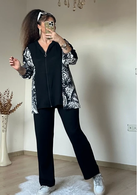 Kilim Desen Büyük Beden Takım Siyah