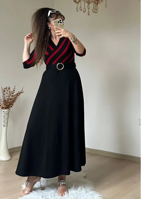 Kırmızı Cızgılı Halka Kemerlı Trıko Elbise