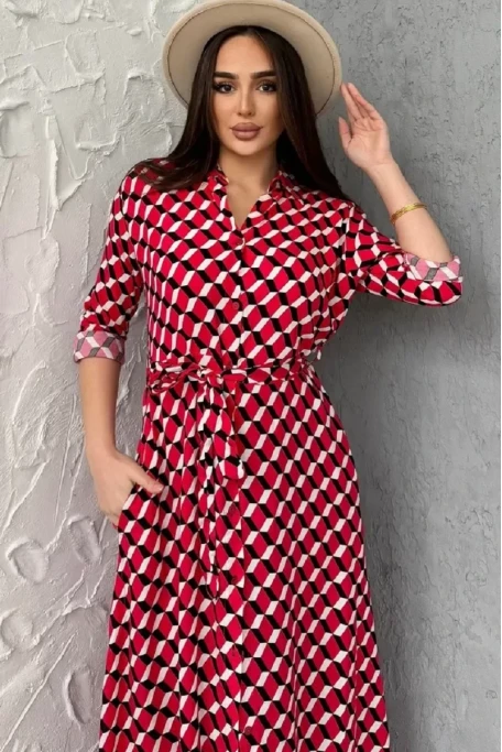 Kırmızı Kareli Cepli Gömlek Elbise