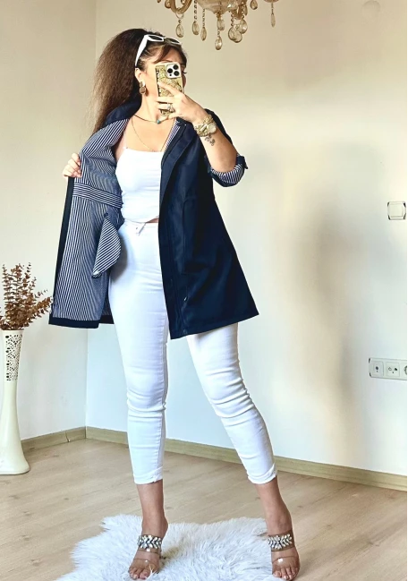 Kısa Çizgili Trençkot Lacivert