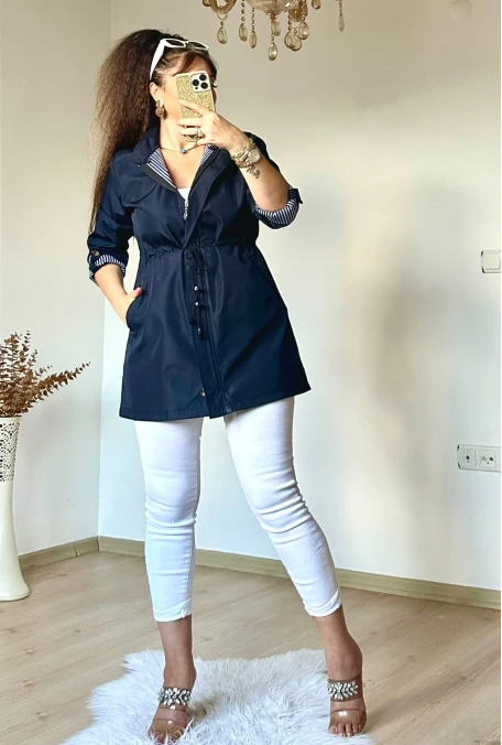 Kısa Çizgili Trençkot Lacivert