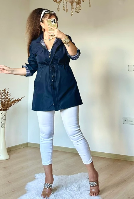 Kısa Çizgili Trençkot Lacivert