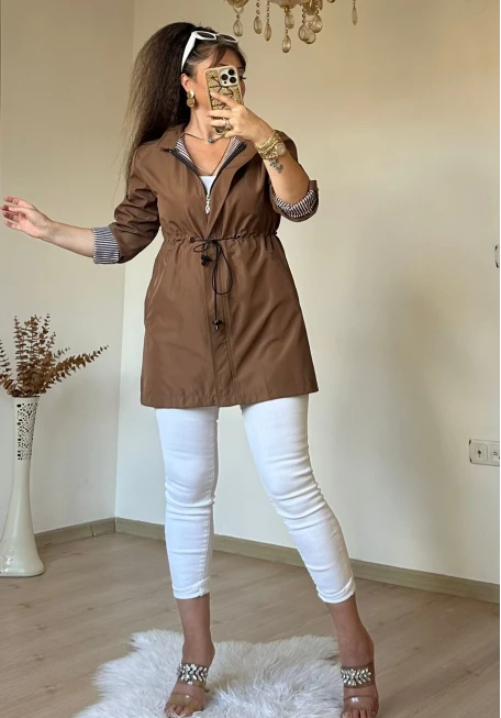 Kısa Çizgili Trençkot Taba