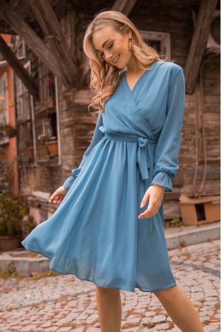 Kısa Düz Şifon Elbise Mavi