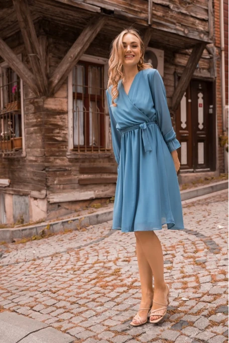 Kısa Düz Şifon Elbise Mavi