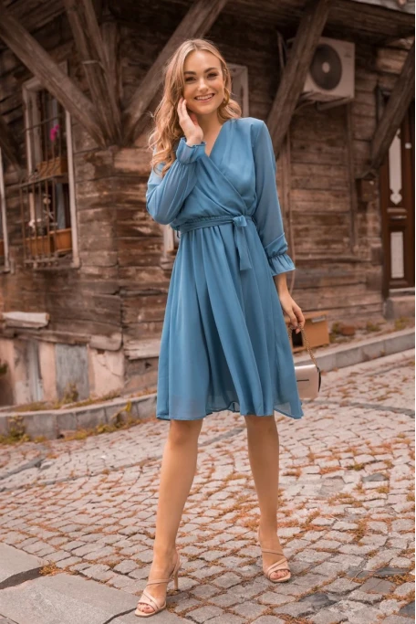 Kısa Düz Şifon Elbise Mavi