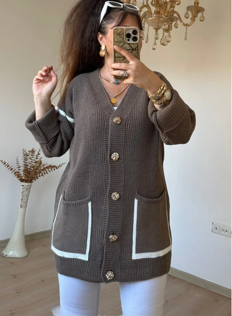 Kısa Gold Dugmelı Hırka Kahve