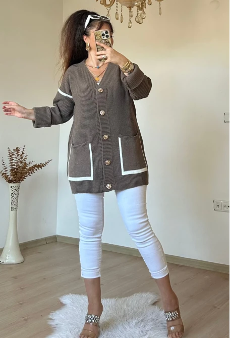 Kısa Gold Dugmelı Hırka Kahve