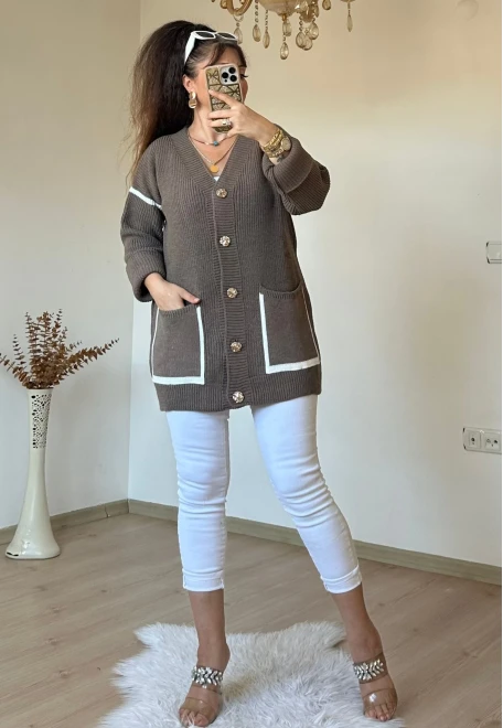 Kısa Gold Dugmelı Hırka Kahve