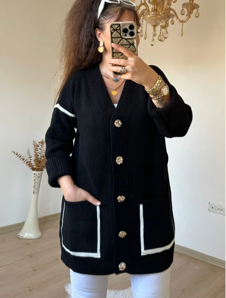 Kısa Gold Dugmelı Hırka Siyah