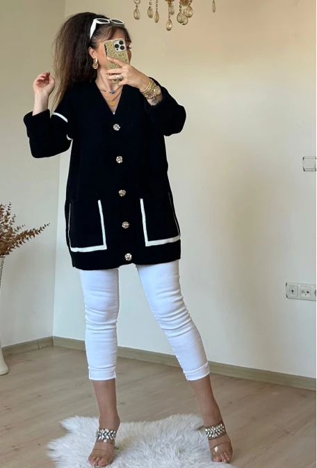 Kısa Gold Dugmelı Hırka Siyah