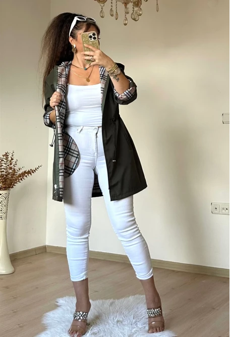 Kısa Kare Desen Trençkot Haki