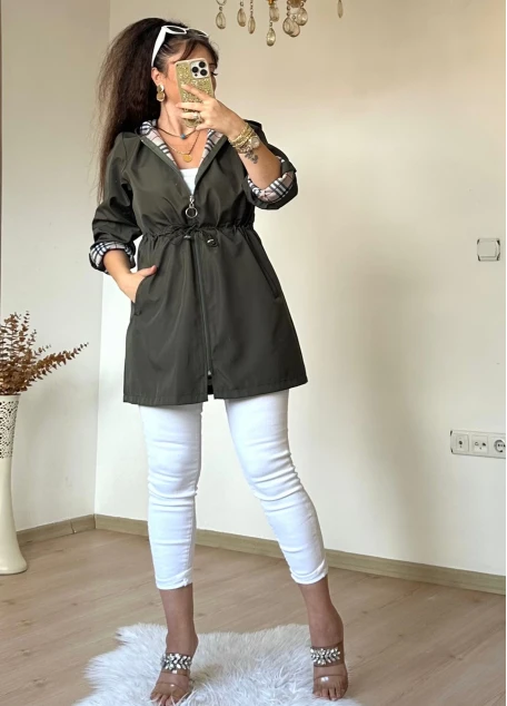 Kısa Kare Desen Trençkot Haki