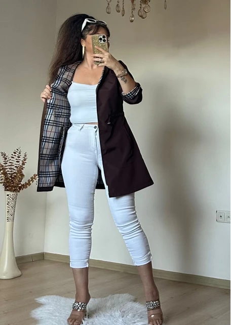 Kısa Kare Desen Trençkot Kahve