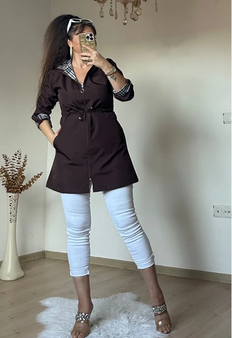 Kısa Kare Desen Trençkot Kahve