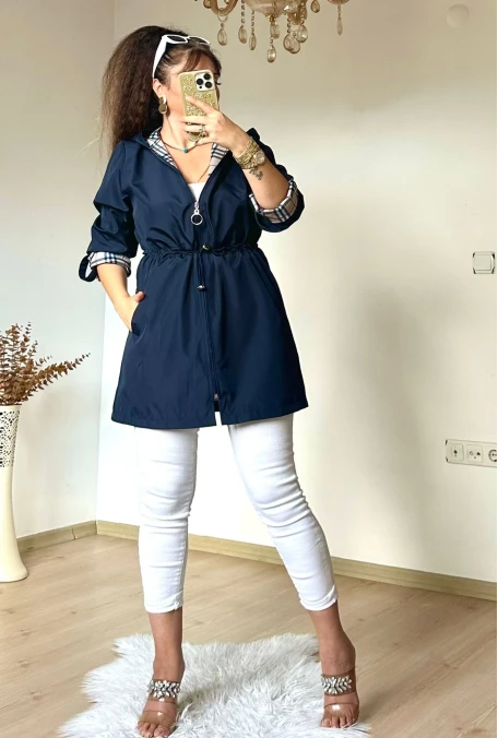 Kısa Kare Desen Trençkot Lacivert