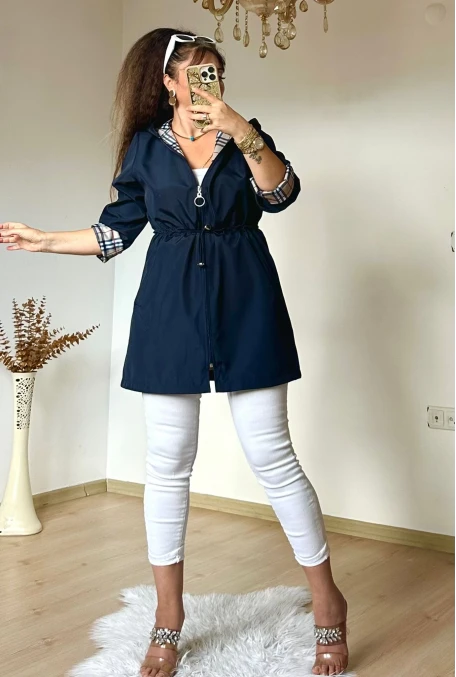 Kısa Kare Desen Trençkot Lacivert