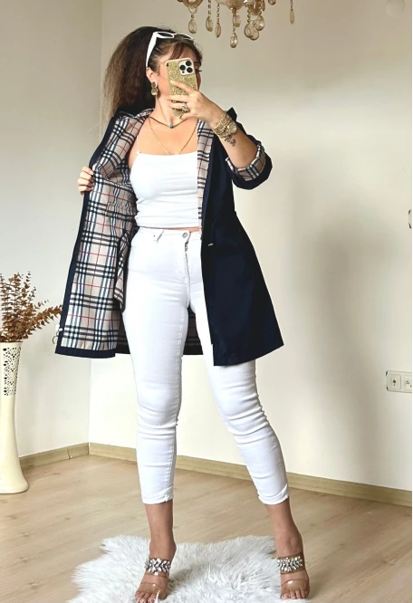 Kısa Kare Desen Trençkot Lacivert