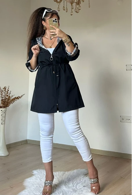 Kısa Kare Desen Trençkot Siyah