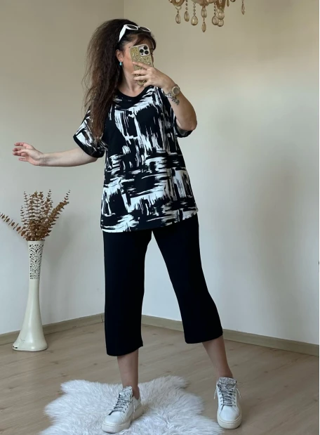 Kısa Kol Beyaz Baskı Desen takım