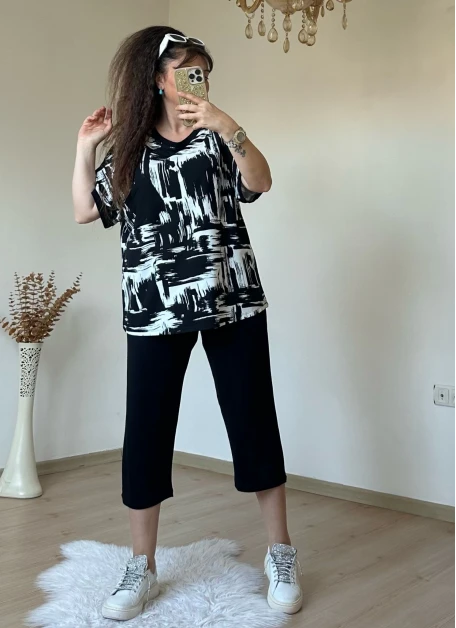 Kısa Kol Beyaz Baskı Desen takım