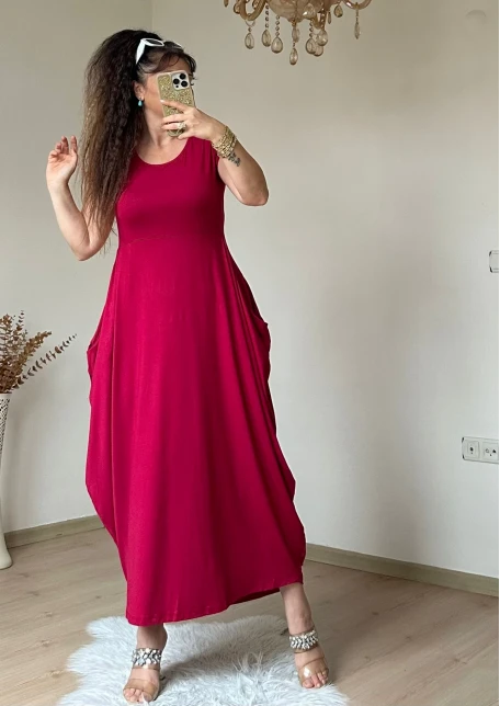 Kısa Kol Cepli Şalvar Elbise Bordo