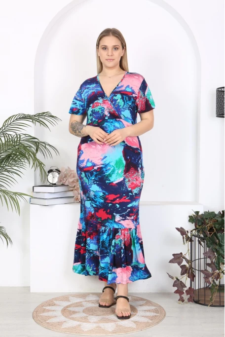 Kısa kol Eteği Fırfırlı Mavi Baskı Elbise