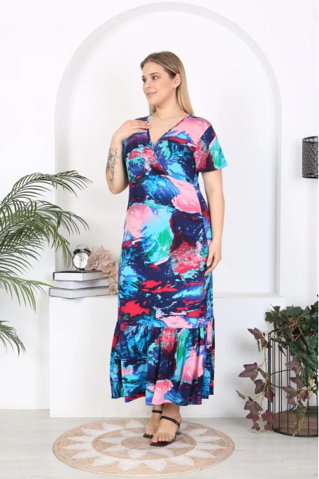 Kısa kol Eteği Fırfırlı Mavi Baskı Elbise