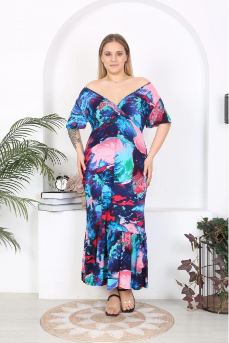 Kısa kol Eteği Fırfırlı Mavi Baskı Elbise