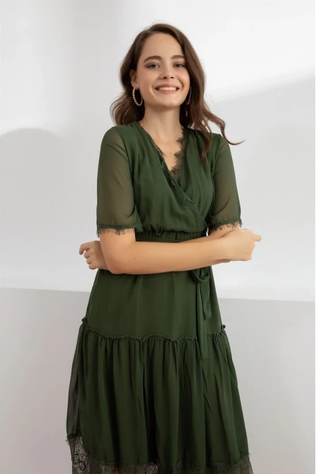 Kısa Kol Etek Ucu Güpürlü Elbise -HAKİ