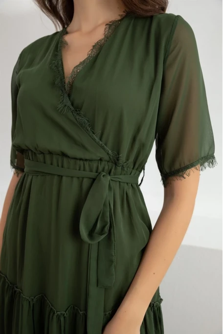 Kısa Kol Etek Ucu Güpürlü Elbise -HAKİ