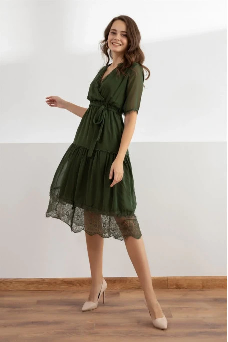 Kısa Kol Etek Ucu Güpürlü Elbise -HAKİ