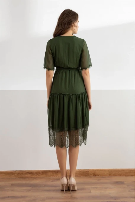 Kısa Kol Etek Ucu Güpürlü Elbise -HAKİ