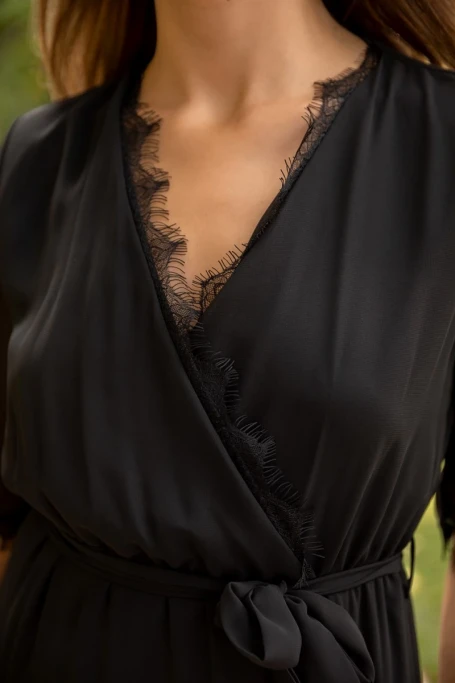 Kısa Kol Etek Ucu Güpürlü Elbise - SİYAH