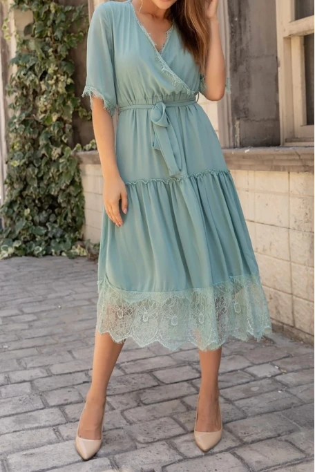 Kısa Kol Etek Ucu Güpürlü Elbise - SU YEŞİLİ