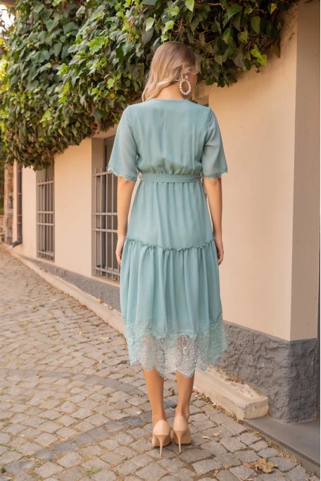 Kısa Kol Etek Ucu Güpürlü Elbise - SU YEŞİLİ