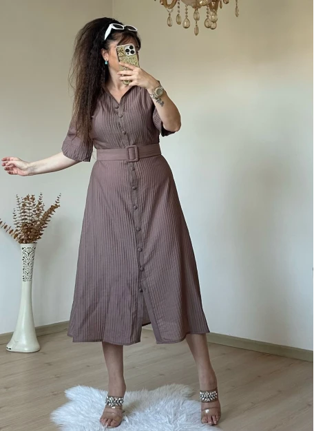 Kısa Kol Midi Boy Gömlek Elbise Kahve