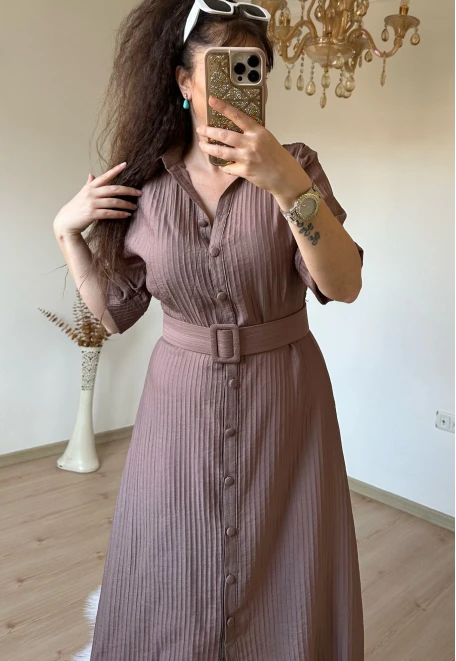 Kısa Kol Midi Boy Gömlek Elbise Kahve