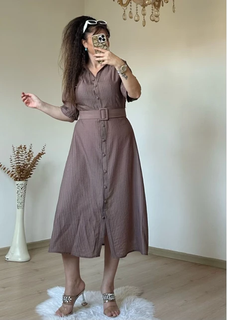 Kısa Kol Midi Boy Gömlek Elbise Kahve