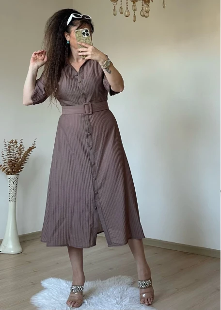 Kısa Kol Midi Boy Gömlek Elbise Kahve