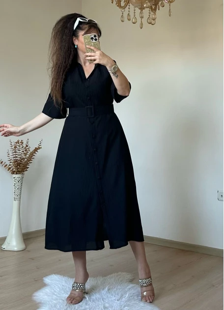 Kısa Kol Midi Boy Gömlek Elbise Siyah