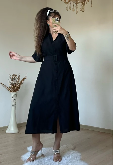 Kısa Kol Midi Boy Gömlek Elbise Siyah