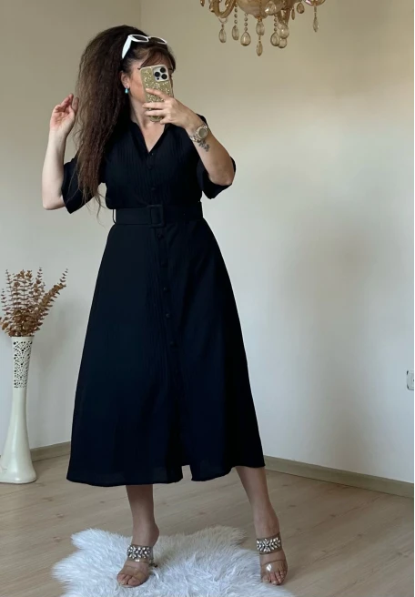 Kısa Kol Midi Boy Gömlek Elbise Siyah