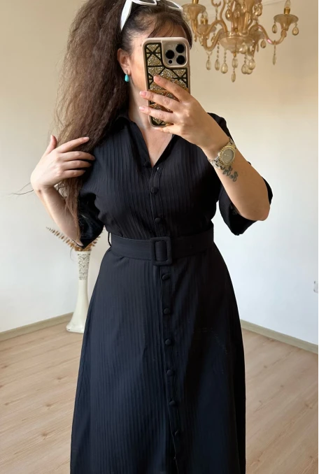 Kısa Kol Midi Boy Gömlek Elbise Siyah