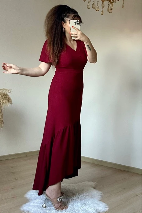 Kısa Kol Romantik Elbise Bordo