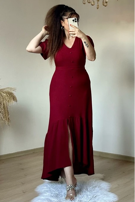 Kısa Kol Romantik Elbise Bordo