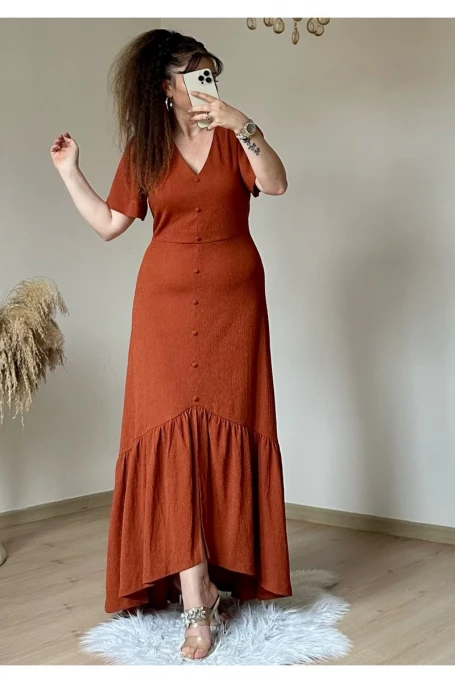 Kısa Kol Romantik Elbise Kiremit