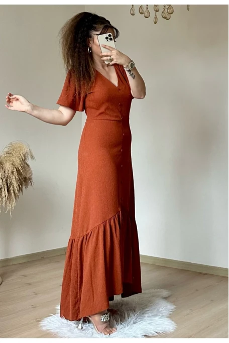 Kısa Kol Romantik Elbise Kiremit