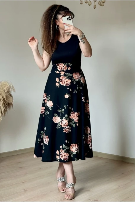 Kısa Kol Üst Siyah Alt Çiçekli Krep Elbise