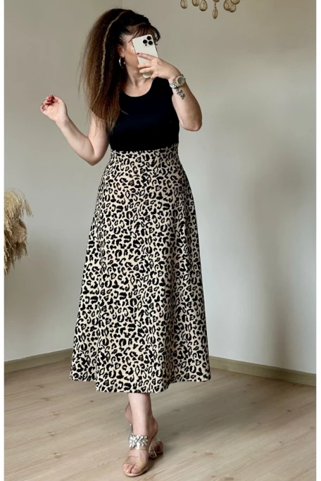 Kısa Kol Üst Siyah Alt Leopar Krep Elbise